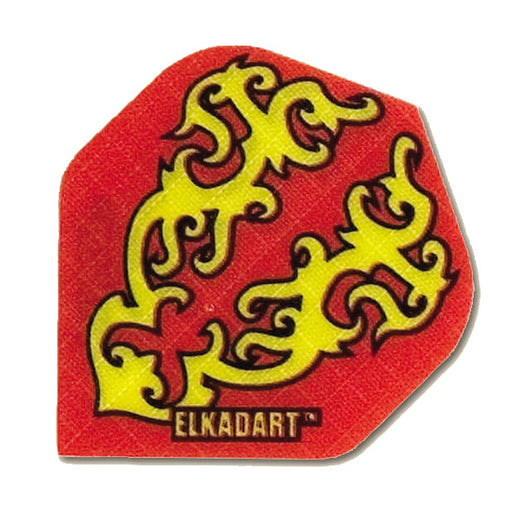 Fabric Flight dart flight with yellow scroll design on red background