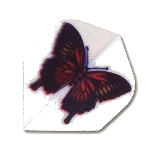 Hard poly dart flight with a black, orange and red butterfly graphic on white