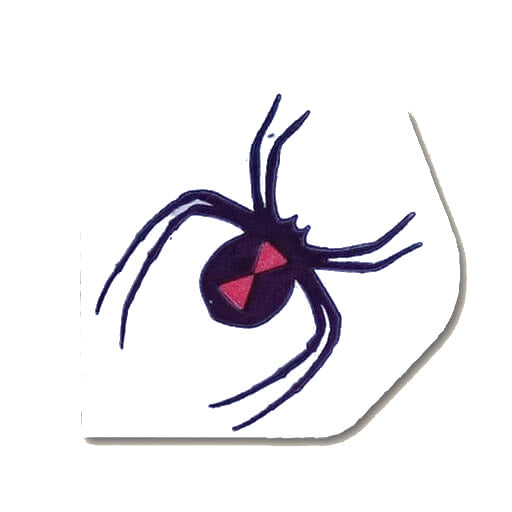 Hard poly dart flight with a black widow spider graphic on white