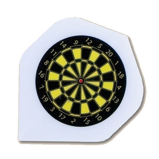 Hard poly dart flight with neon yellow and black dart board graphic on white
