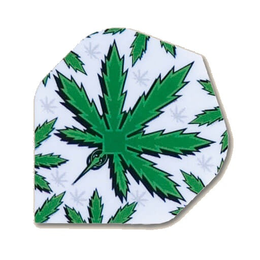 Hard poly dart flight with green marijuana leaf graphic on white