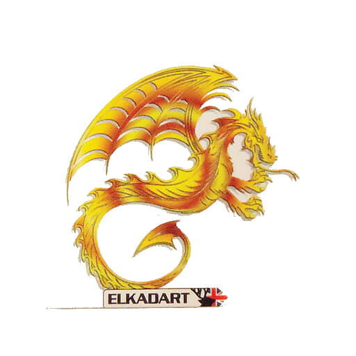 Hard poly dart flight with orange and yellow winged dragon graphic on white