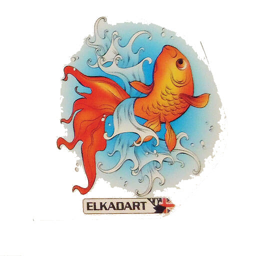 Hard poly dart flight with orange coy fish graphic on white and blue background