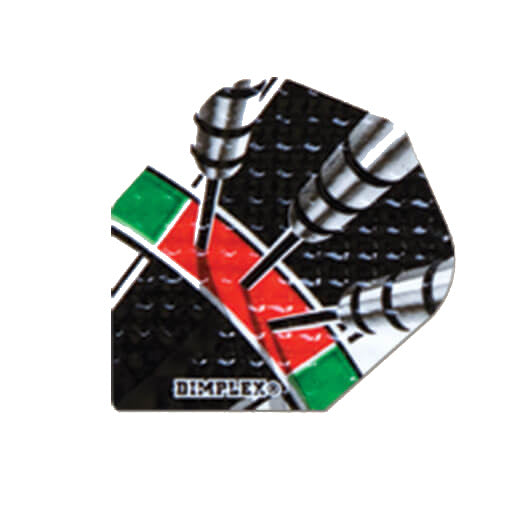 Dimplex dart flight in a black, red, and green dartboard with a triple score design
