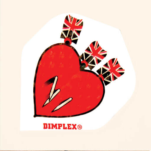 Dimplex dart flight in a white background with a red heart and three darts design