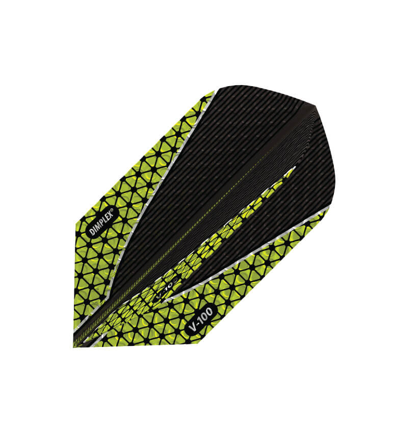 Dimplex dart flight, black base with green V-shape and hex pattern