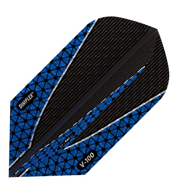 Dimplex dart flight, black base with blue V-shape and hex pattern