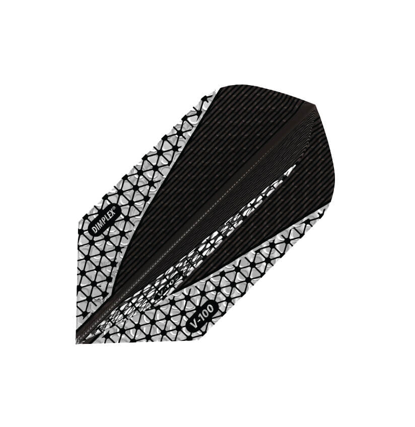 Dimplex dart flight, black base with silver V-shape and hex pattern