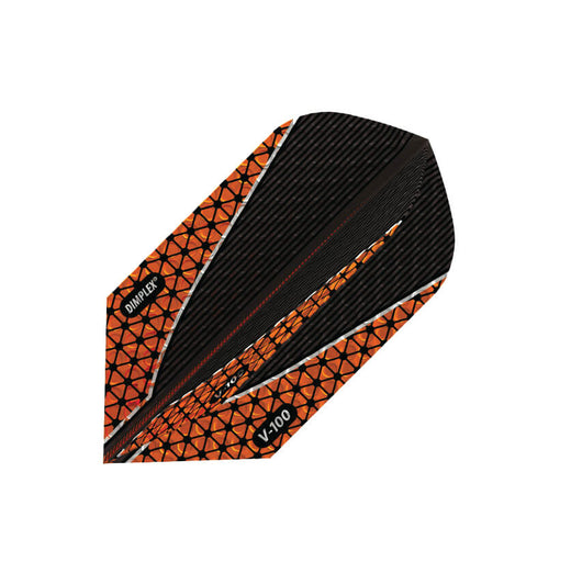 Dimplex dart flight, black base with orange V-shape and hex pattern
