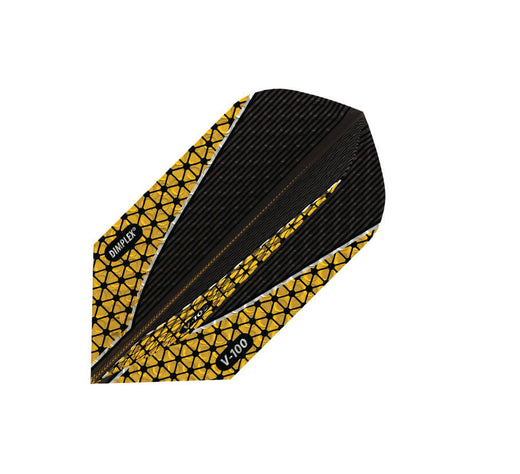 Dimplex dart flight, black base with gold V-shape and hex pattern