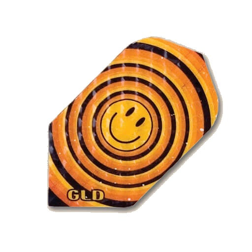 Dimplex dart flight in an orange, yellow, and black with a smiley face in the middle design