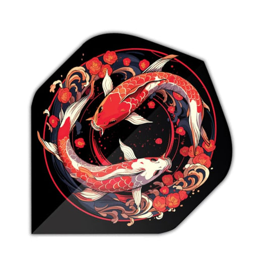 Specialty dart flight with yin-yang red koi fish print design