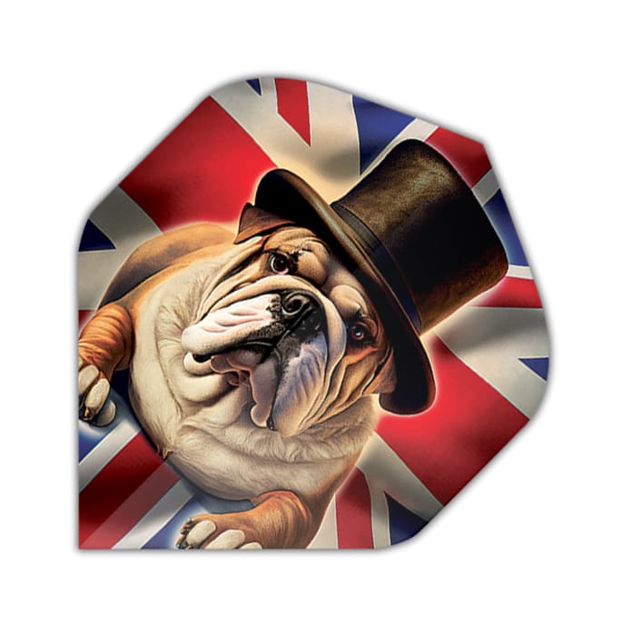 Specialty dart flight with British flag and bulldog wearing a top hat print design