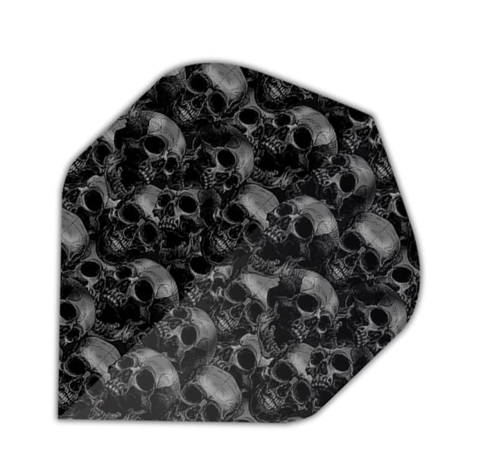 Specialty dart flight with black and grey pile of skulls print design