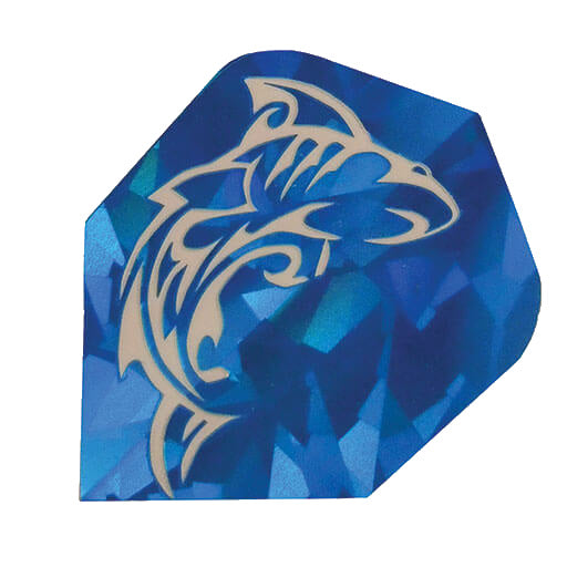 Specialty Flights dart flight, light blue background with white shark graphic