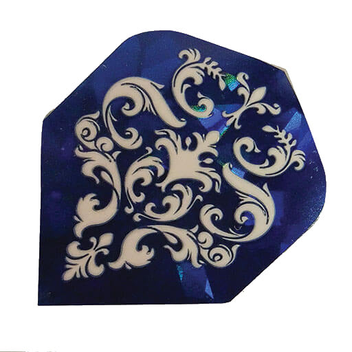Specialty Flights dart flight, blue background with white filigree design