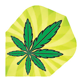 Specialty dart flight with a dark green cannabis leaf design on a yellow and light green background