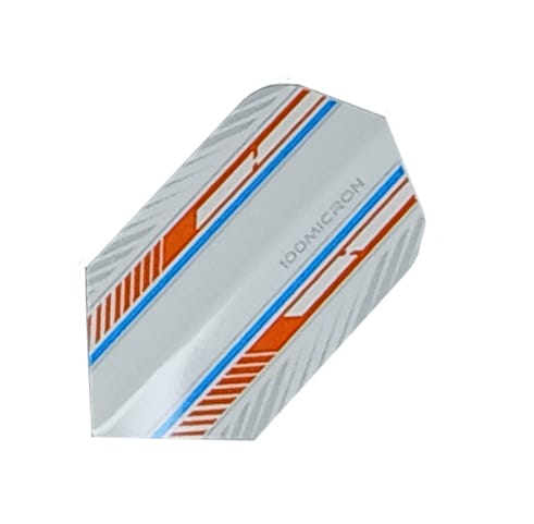 Specialty slim dart flight, white with orange and sky blue stripe, 100 micron