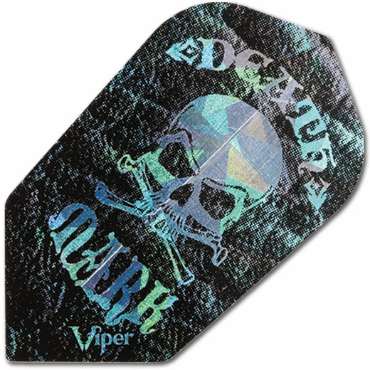Specialty dart flight with iridescent skull graphic on black background