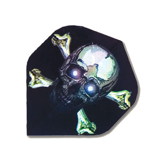 Hologram dart flight in black background with a skull and crossbones