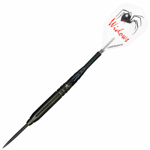 Laserdart Black Widow Fixed steel tip dart, full view with shaft and flight