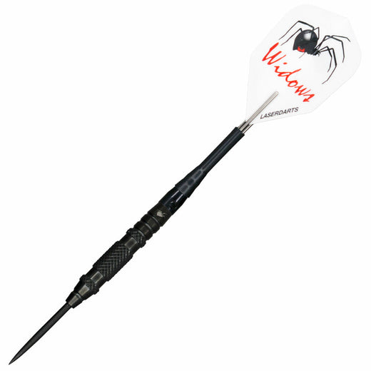 Laserdart Black Widow Fixed steel tip dart, full view with shaft and flight