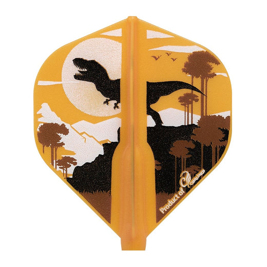 Cosmo Fit Flight Signature, Jurassic Sunset design, orange flight with black T-rex silhouette against a mountainous sunset, standard shape