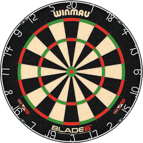 Winmau Blade 6 Tournament dartboard, front view of bristle target face