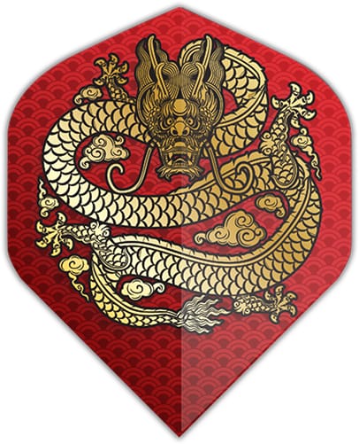 Specialty Flights dart flight, red background with gold dragon graphic