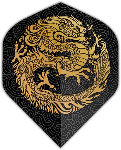 Specialty Flights dart flight, black background with gold dragon graphic