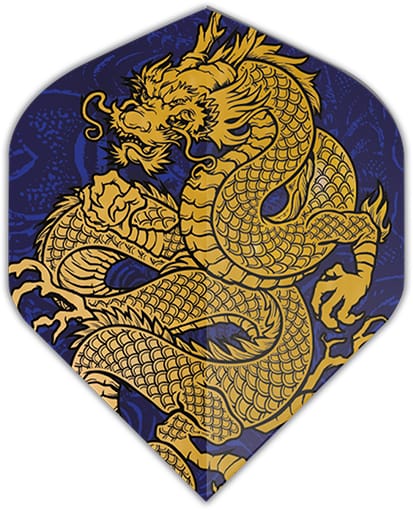 Specialty Flights dart flight, purple background with gold dragon graphic