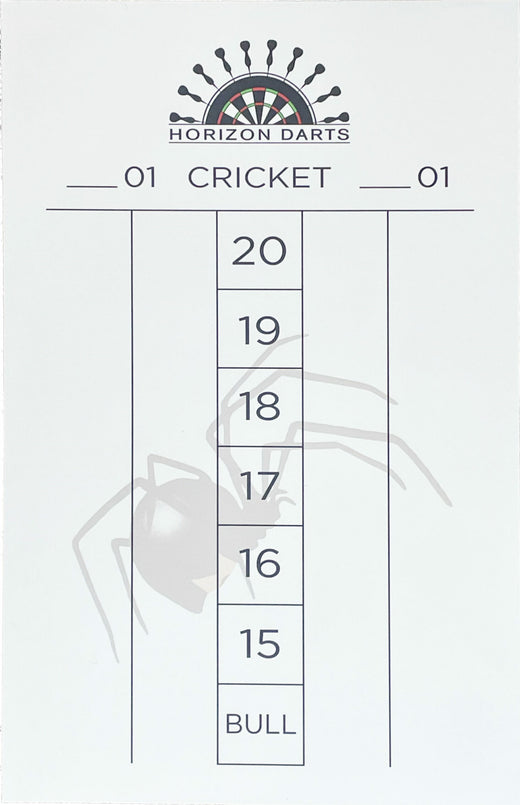 Wall-clinging white dry-erase scoreboard with spider background design.