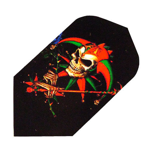 Alchemy Flights dart flight, black background with red and green skeleton jester design