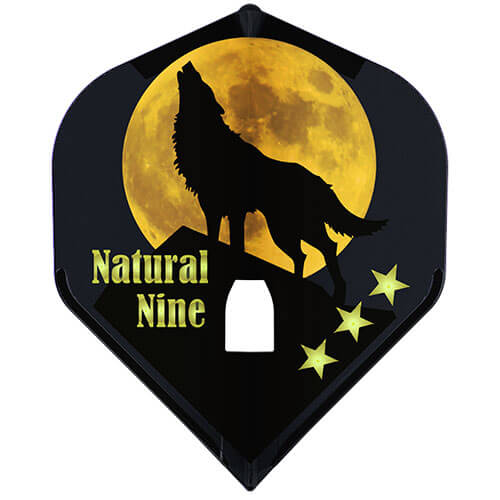 L-Style Natural Nine Champagne flight, Maverick design, black flight with wolf and orange moon, standard shape