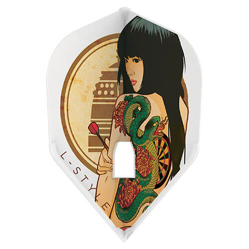 L-Style Kiyo Hime signature flight, girl with serpent and dartboard tattoo design