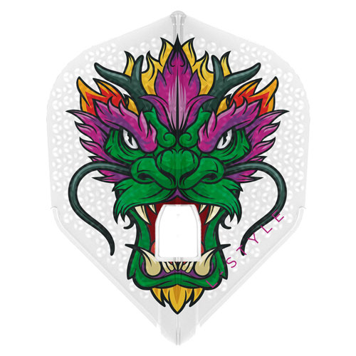 L-Style signature flight, Jules van Dongen, clear dimpled with multi-colored dragon