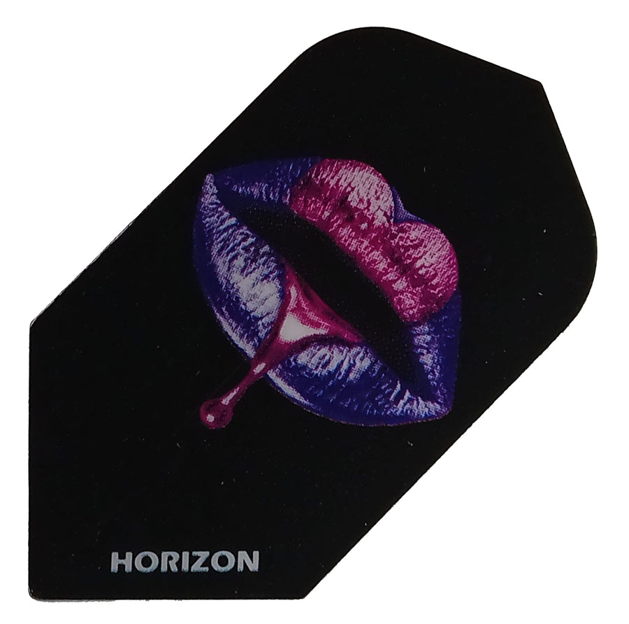 Rock Hard Liquid Lips slim dart flight, purple lips and pink heart on black