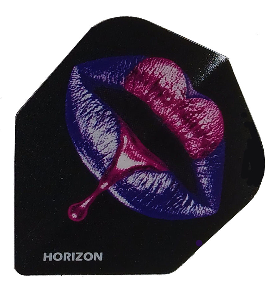 Rock Hard Liquid Lips standard shape dart flight, purple lips and pink heart on black