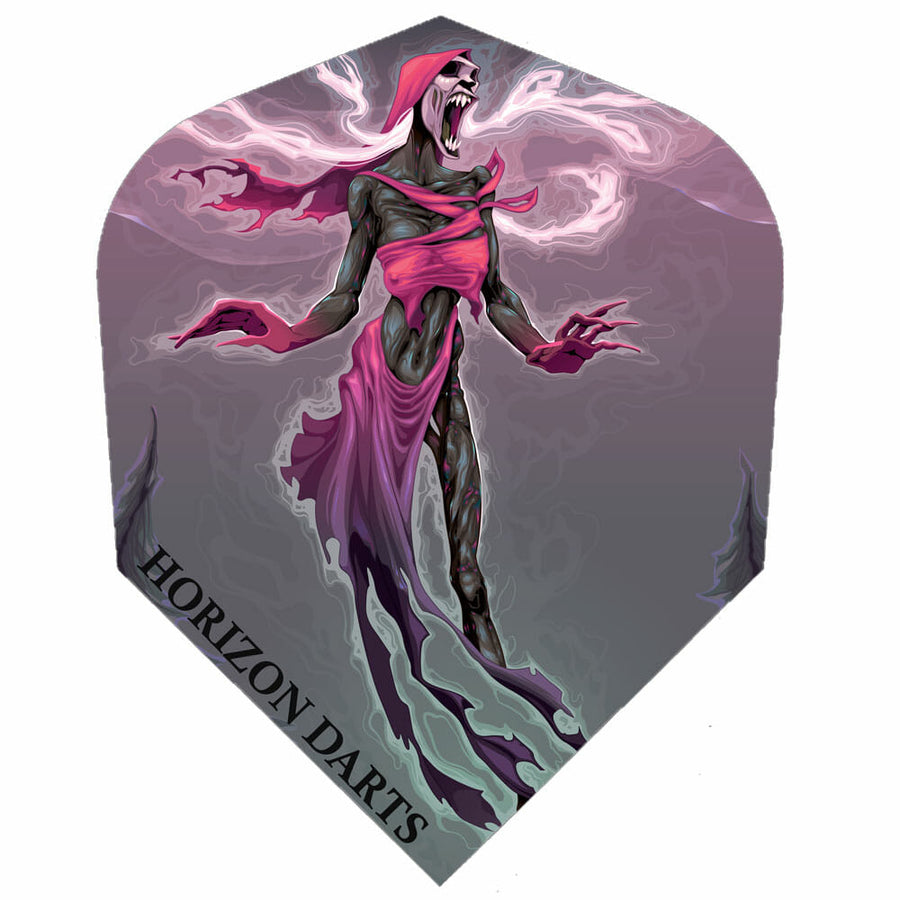 Rock Hard 100 micron dart flight, Banshee's Crazy design, standard shape, gray with pink banshee graphic