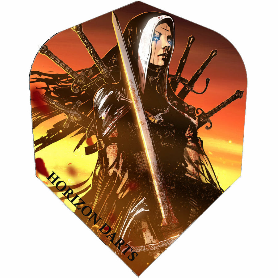Rock Hard 100 micron dart flight, Nun ya Bizness design, standard shape, sunset background with Rebel Nun graphic