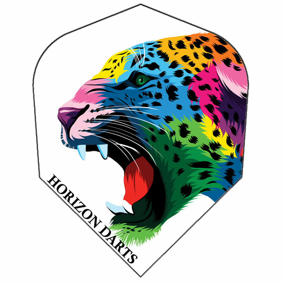 Rock Hard 100 micron dart flight, Colorful Kitty design, standard shape, white with multicolored big cat graphic