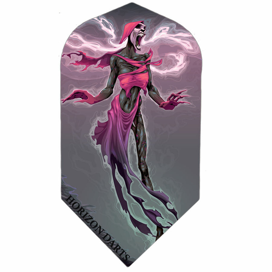 Rock Hard 100 micron dart flight, Banshee's Crazy design, slim shape, gray with pink banshee graphic
