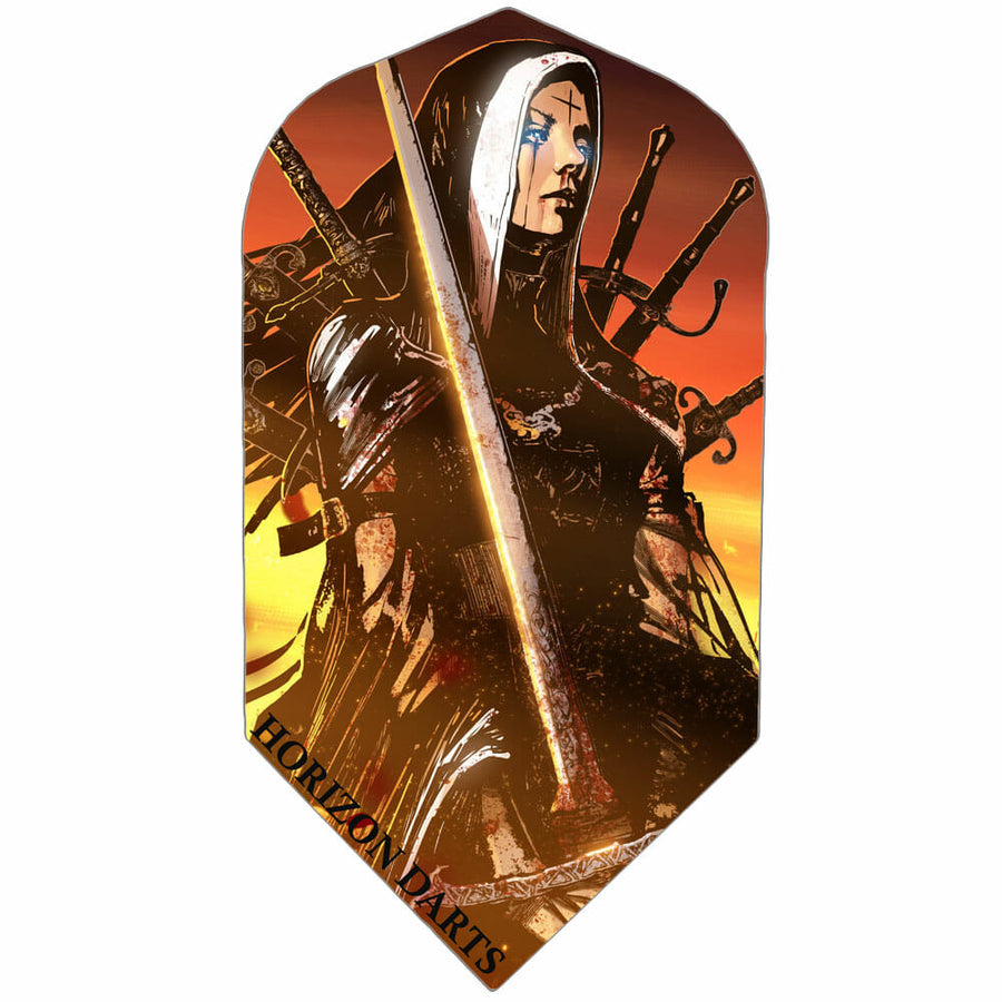 Rock Hard 100 micron dart flight, Nun ya Bizness design, slim shape, sunset background with Rebel Nun graphic