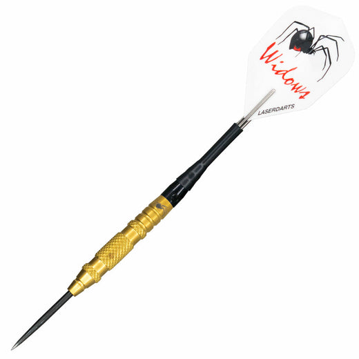 Laserdart Gold Widow Fixed steel tip dart, full view with shaft and flight