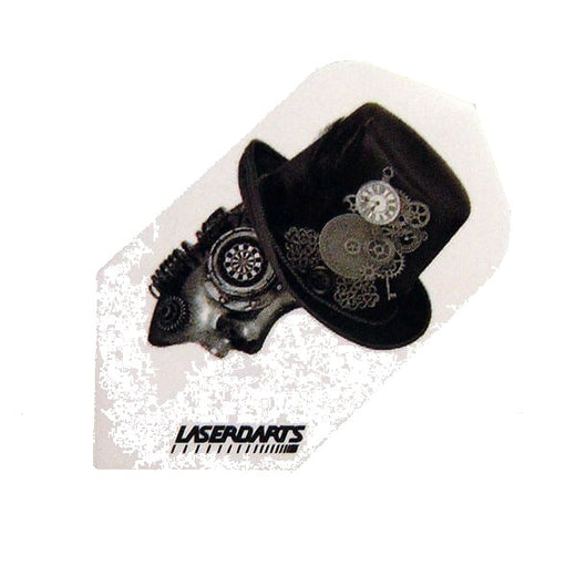 Laserdart flight with a Steampunk mask and top hat design on a white background