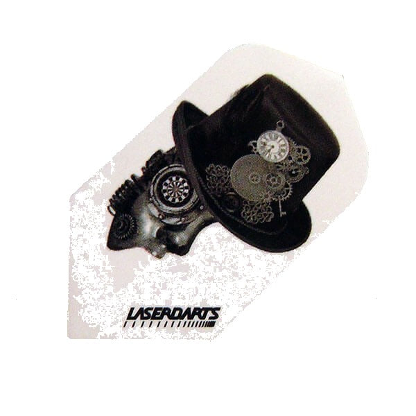 Laserdart flight with a Steampunk mask and top hat design on a white background