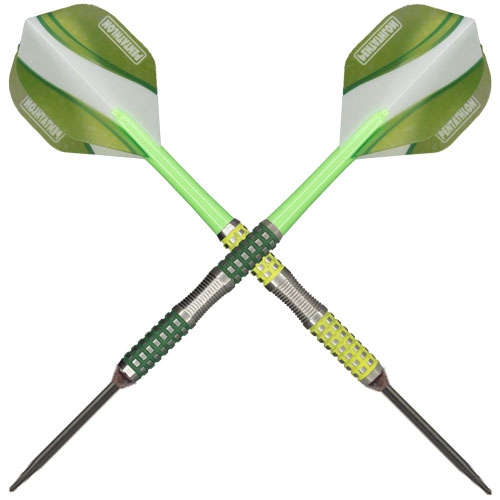 Laserdart Disco Fever Hunter Green to Neon Yellow signature steel tip dart, both colors