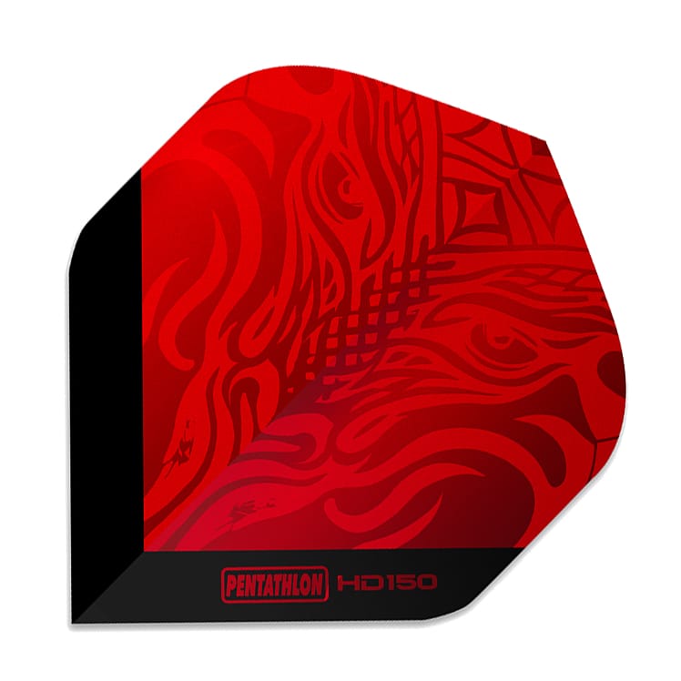 150 Micron dart flight with a red dragon hologram design on a black background