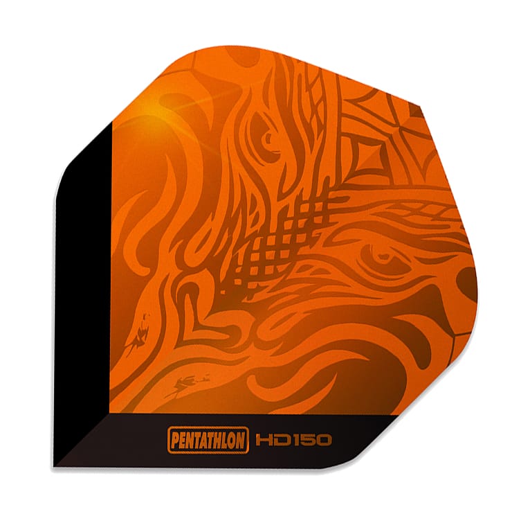 150 micron dart flight with orange dragon hologram design on black background