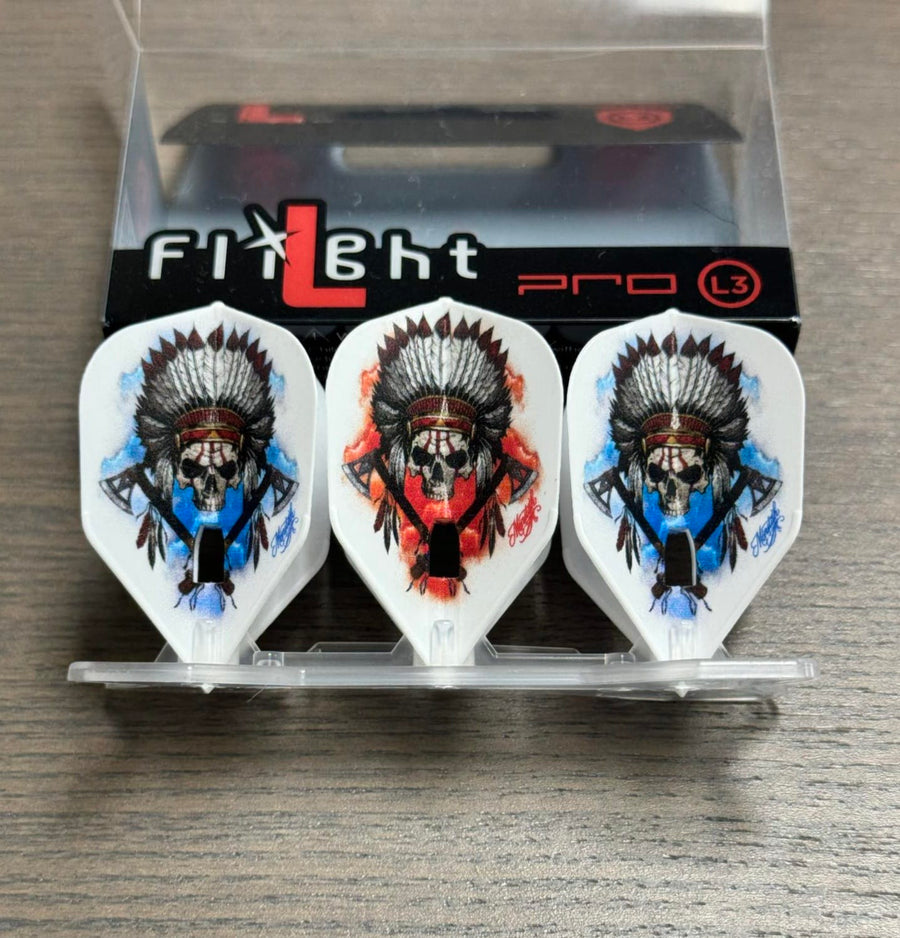 L-Style Signature Champagne flight, Derek Hinkle design, skull headdress and tomahawk graphic on blue and red backgrounds